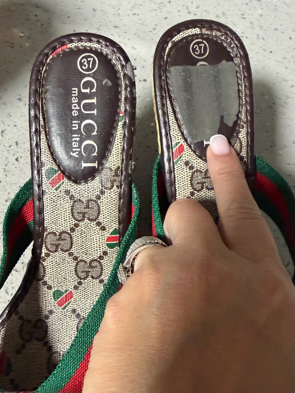 Gucci Brown Monogram Wedge Sandals with Red and Green Webbing - Picture 4 of 5